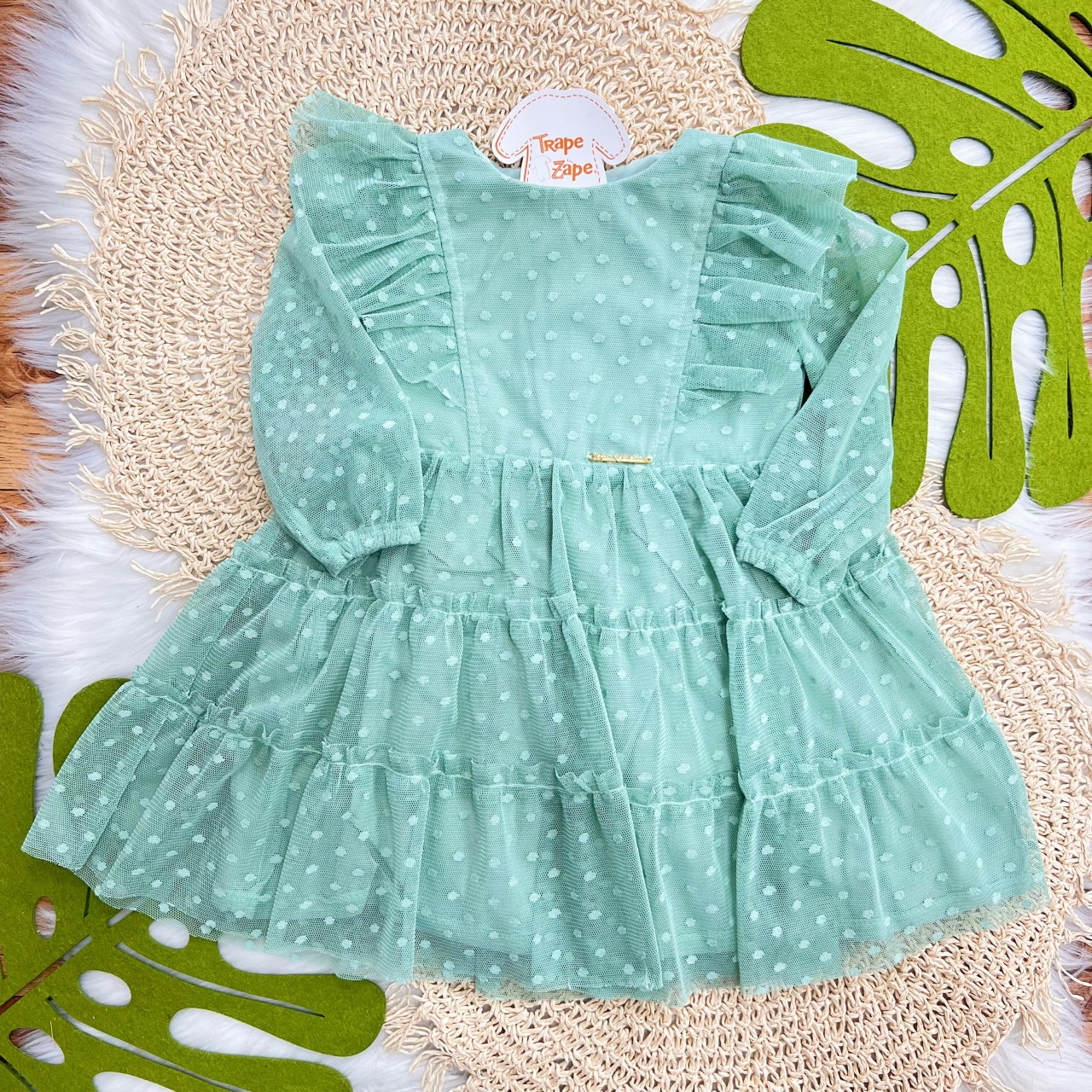 Vestido Manga Longa em Tule - Verde